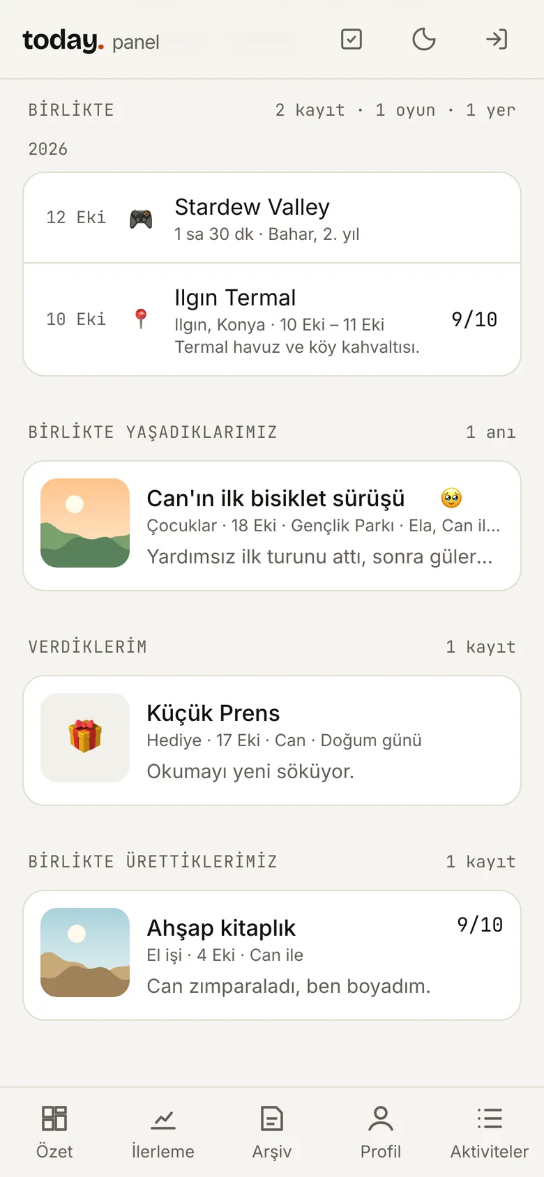 Kişi sayfası: birlikte yapılanlar, verilenler ve anılar