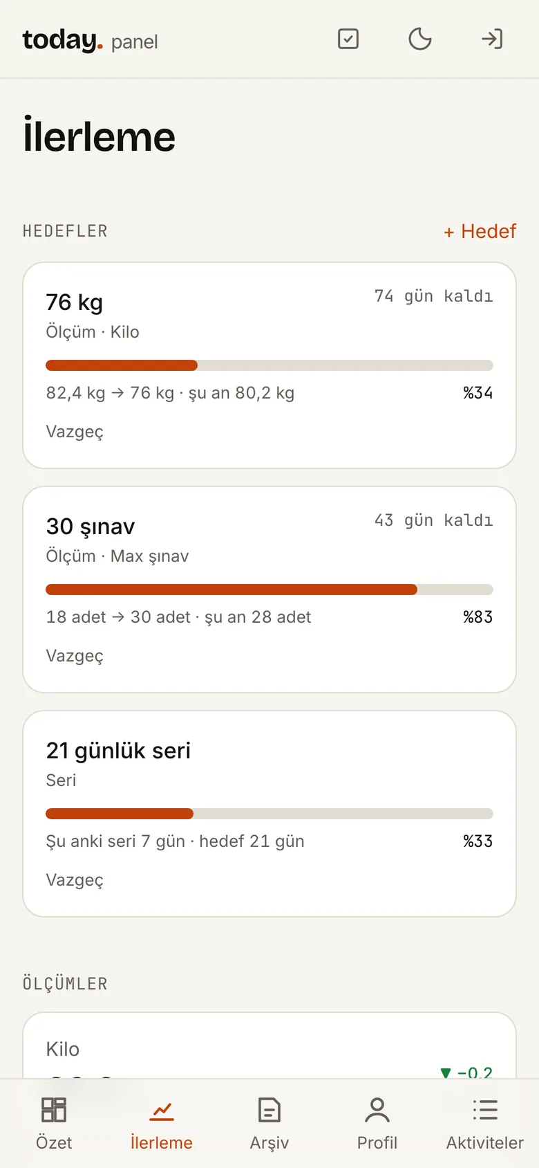 İlerleme ekranı: hedefler ve ölçümler