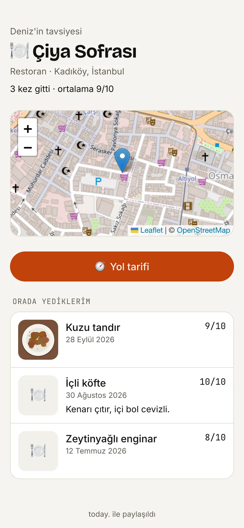 Arkadaşa gönderilen mekân sayfası: harita, yol tarifi ve yenenler